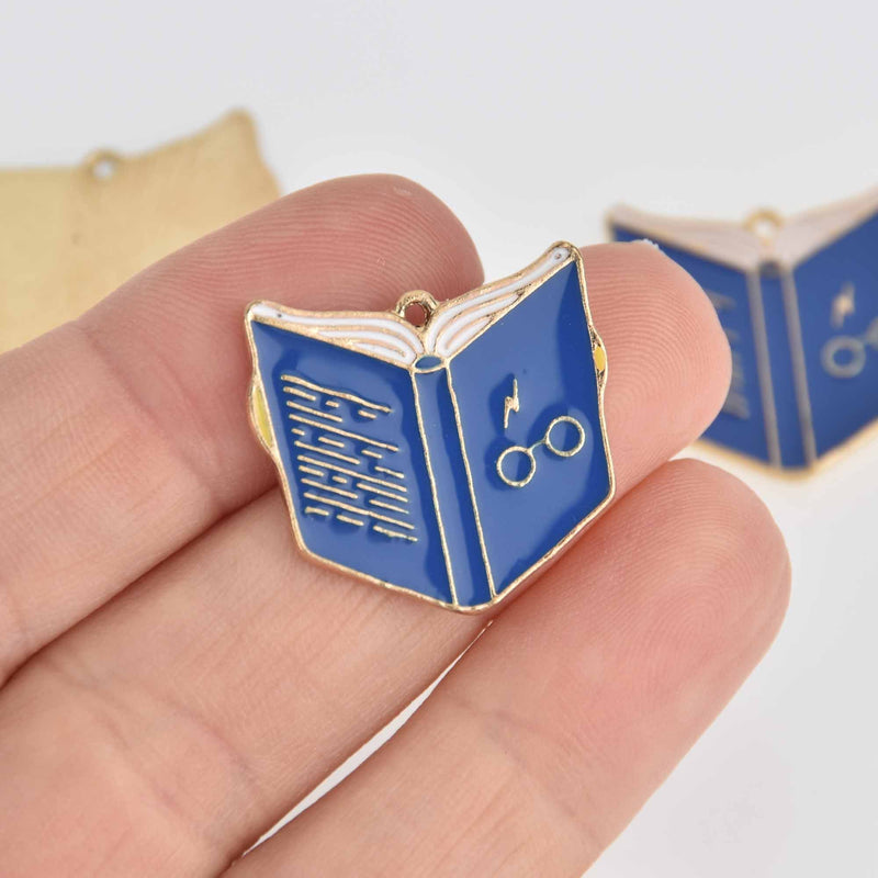 5 Book Charms, Blue Enamel with Gold Plate, 25mm, chs7539