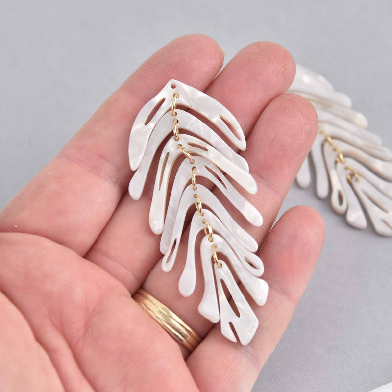 2 Acrylic Leaf Charms, White Pearl, moveable segments, 2.75" long, chs7541