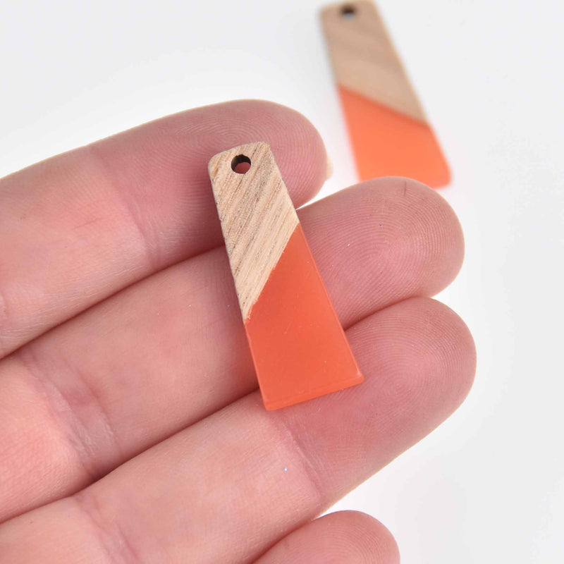 2 Colorblock Charms, Coral Orange Resin and Real Wood Trapezoid, 30mm long, chs7542