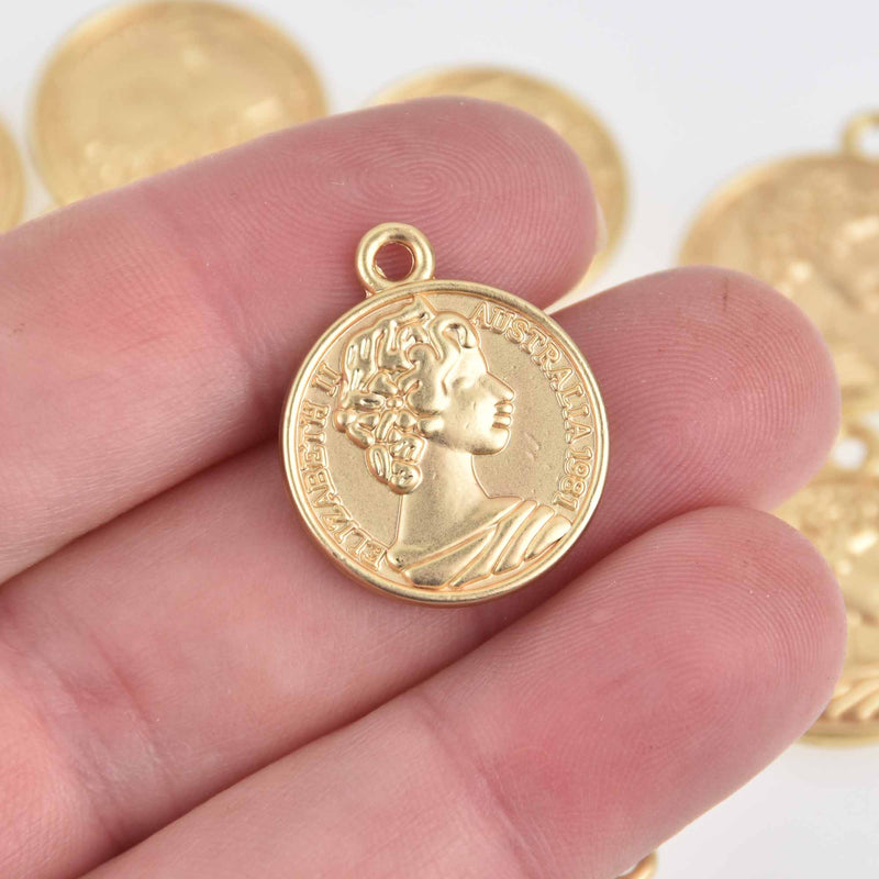 5 Australia Coin Charm Pendants, matte gold 23x20mm, chs7547