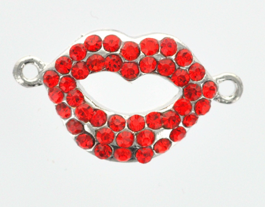 2 Rhinestone Red Lips Charms, silver plating connector charms, chs7549