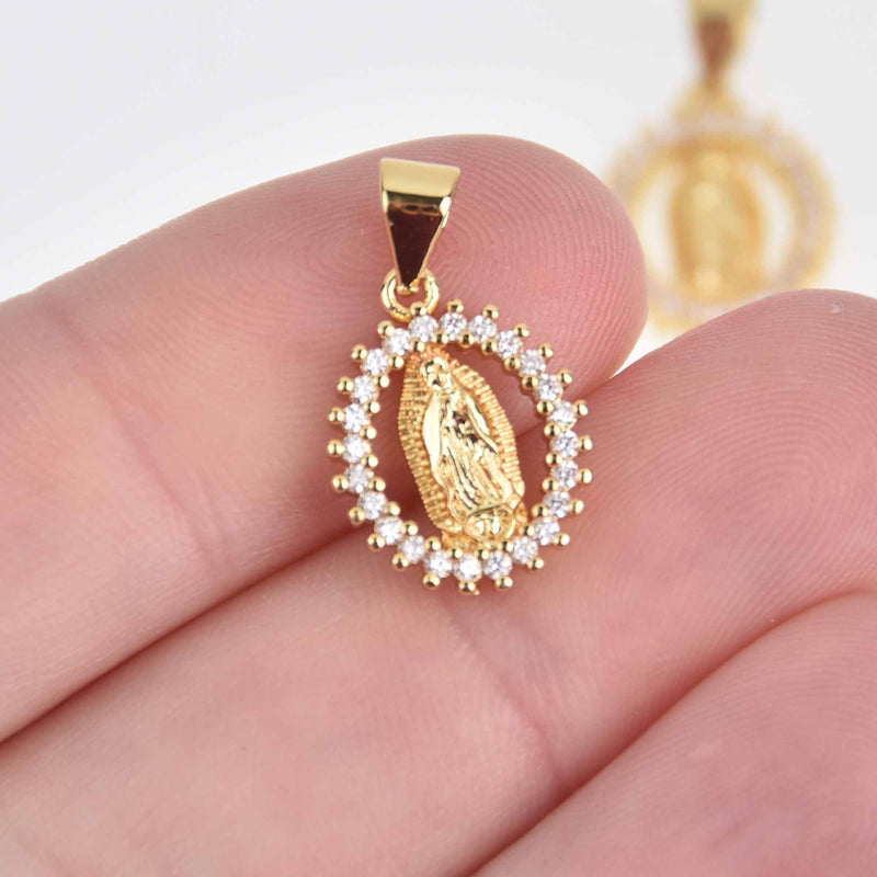2 Gold Religious Medal Charms, Micro Pave CZ Cubic Zirconia, 20mm, chs7551