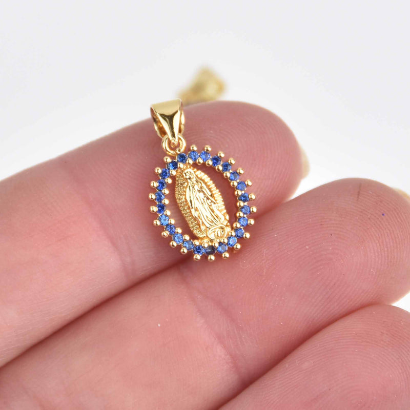 2 Gold Religious Medal Charms, Dark Blue Micro Pave CZ Cubic Zirconia, 20mm, chs7553