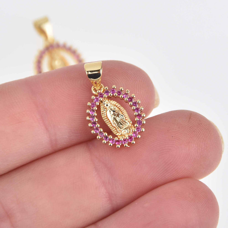 2 Gold Religious Medal Charms, Red Micro Pave CZ Cubic Zirconia, 20mm, chs7554