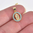 2 Gold Religious Medal Charms, Turquoise Blue Micro Pave CZ Cubic Zirconia, 20mm, chs7556