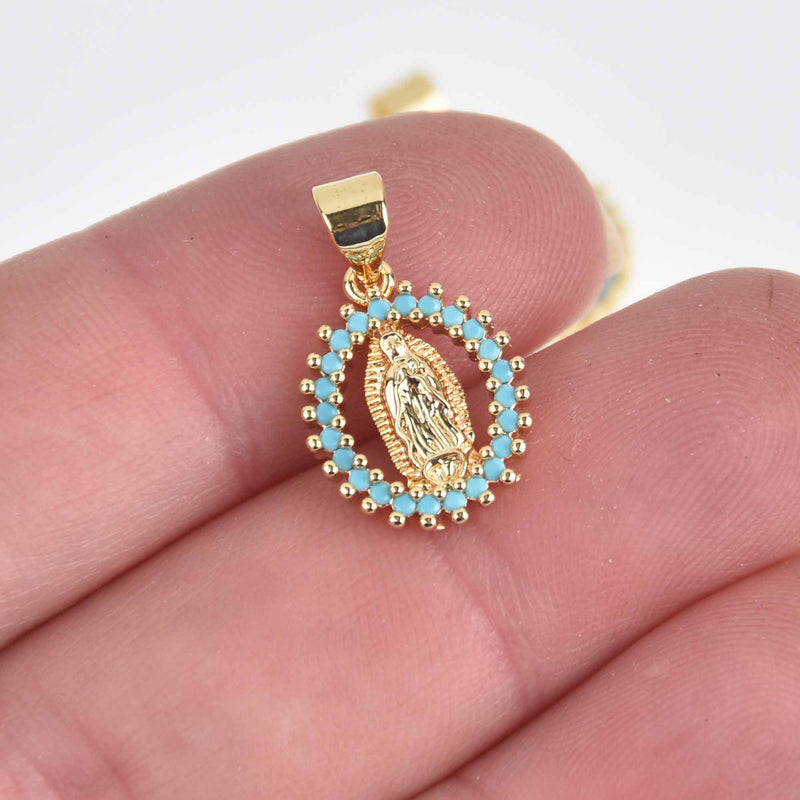 2 Gold Religious Medal Charms, Turquoise Blue Micro Pave CZ Cubic Zirconia, 20mm, chs7556