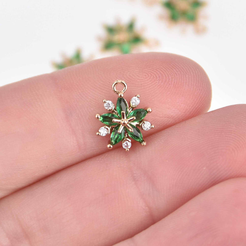 5 Green Flower Charms, Micro Pave Cubic Zirconia, 12mm, chs7557