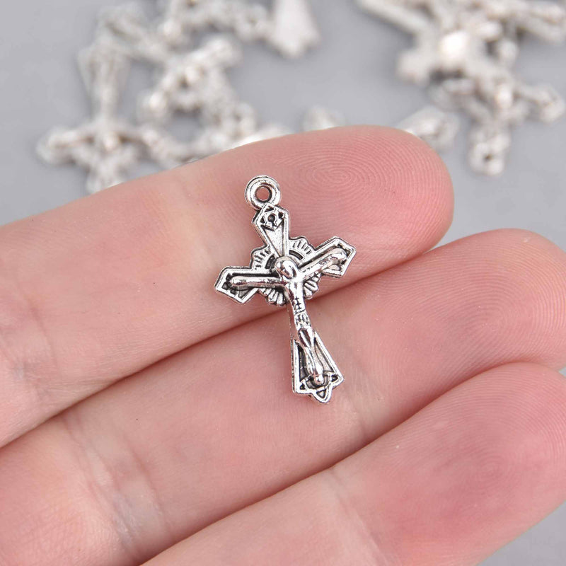 10 Silver CRUCIFIX CROSS Charms, Cross Pendant, 24x15mm chs7559