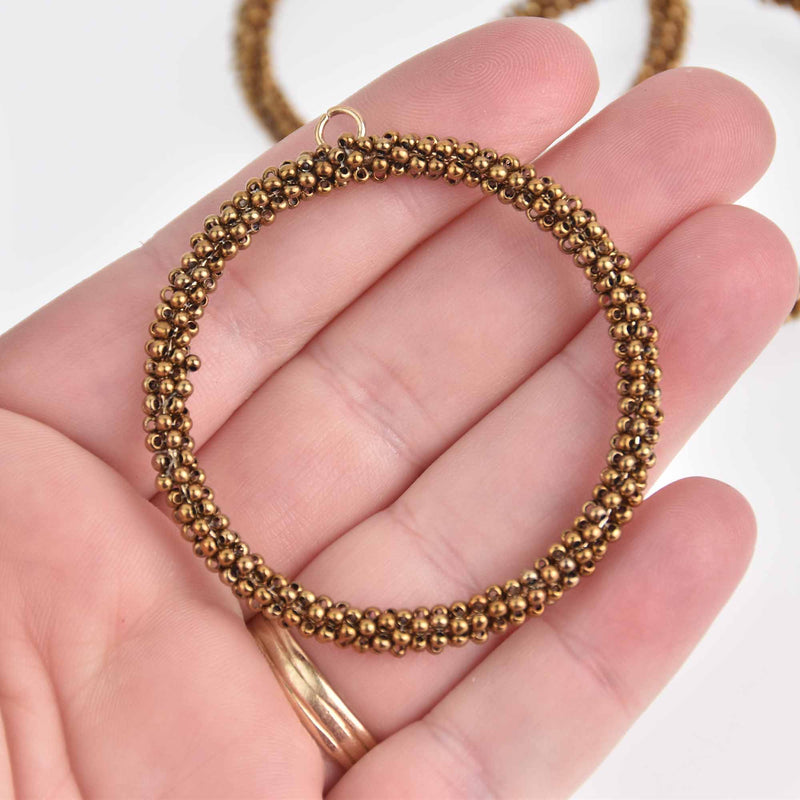 2 Bronze Seed Bead Hoop Charms, Gold Wire, 56mm, chs7562
