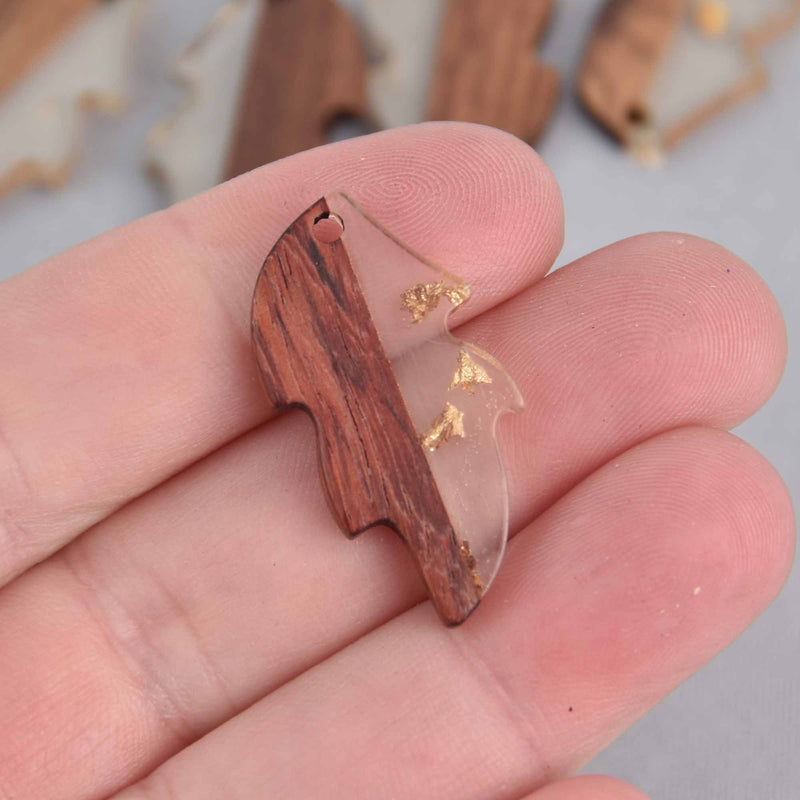 2 Leaf Charms, Gold Flakes in Resin and Real Wood, 1-1/4" long, chs7566