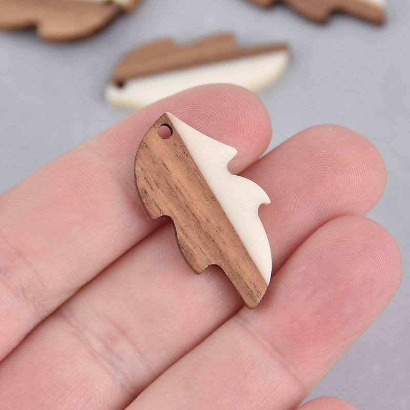 2 White Leaf Charms, Resin and Real Wood, 1-1/4" long, chs7567