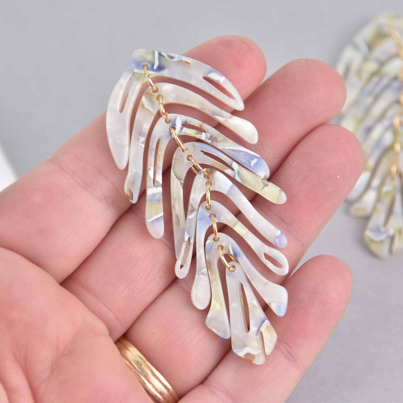 2 Acrylic Leaf Charms, White Blue Yellow, moveable segments, 2.75" long, chs7569