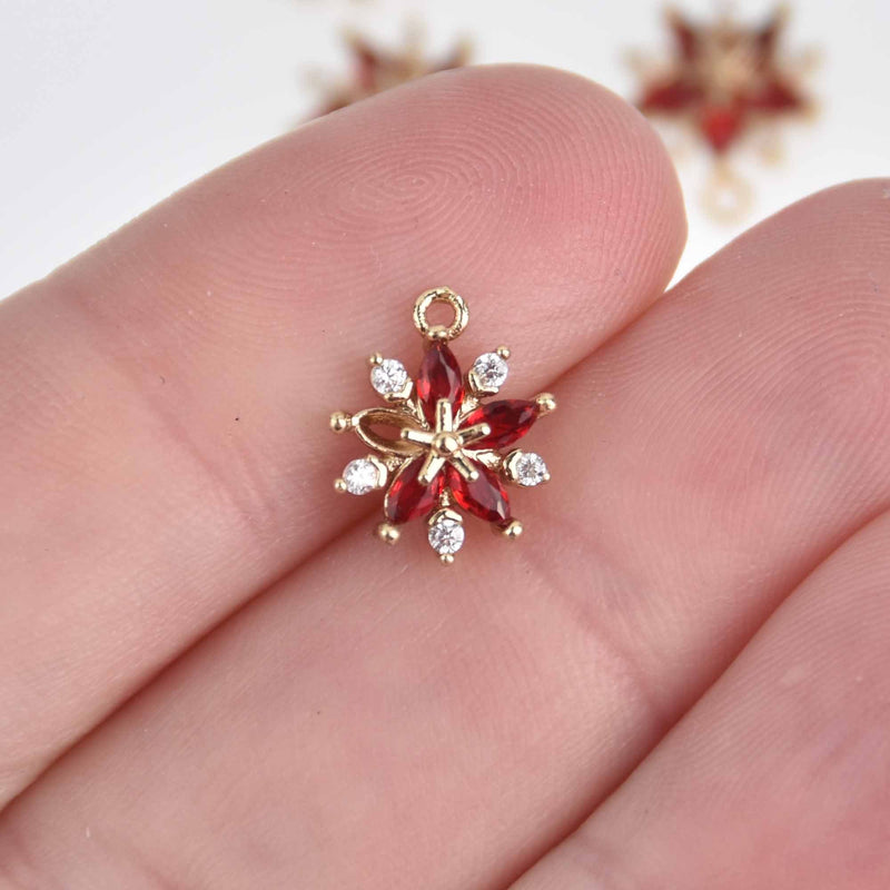 5 Red Flower Charms, Micro Pave Cubic Zirconia, 12mm, chs7570