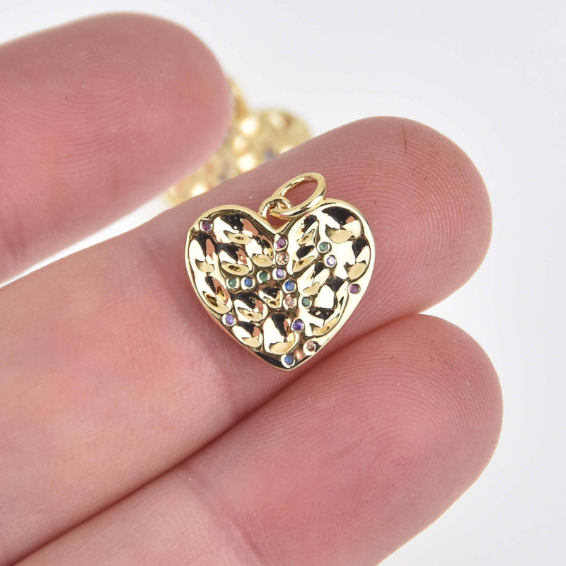 2 Gold Heart Charms, Micro Pave CZ Cubic Zirconia, 17mm, chs7574