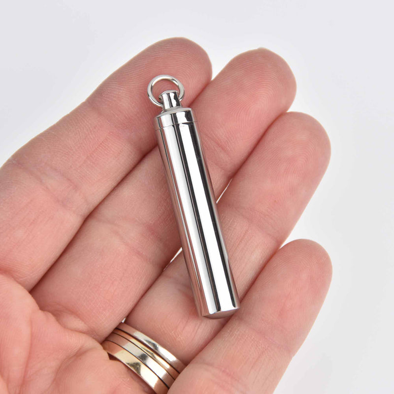 Cylinder Cremation Ash Urn Charm Locket, Silver Titanium Steel chs7579