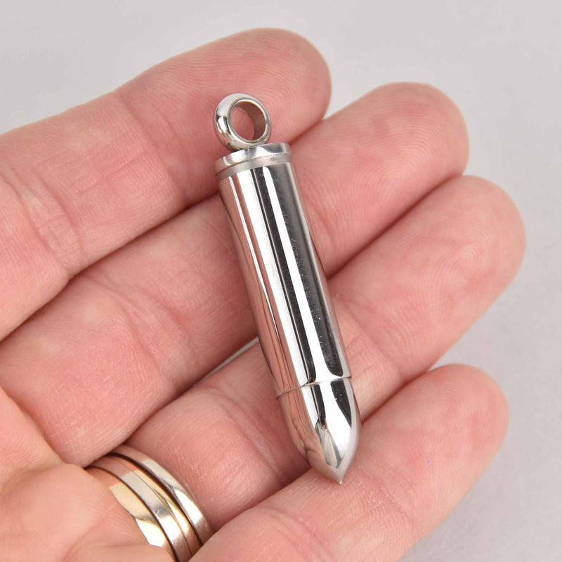 Bullet Cremation Ash Urn Charm Locket, Silver Titanium Steel chs7581