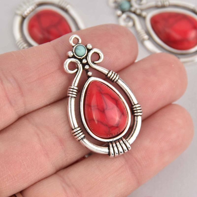 5 Teardrop Charms, Red Enamel with Silver Metal, 38mm, chs7585