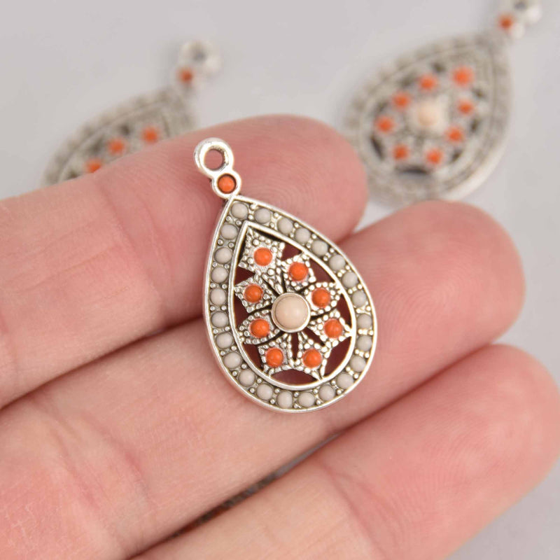 5 Teardrop Charms, Red and Cream Enamel with Silver Metal, 29mm, chs7586