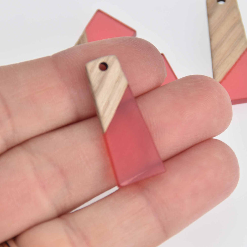 2 Colorblock Charms, Red Transparent Resin and Real Wood Trapezoid, 30mm long, chs7588