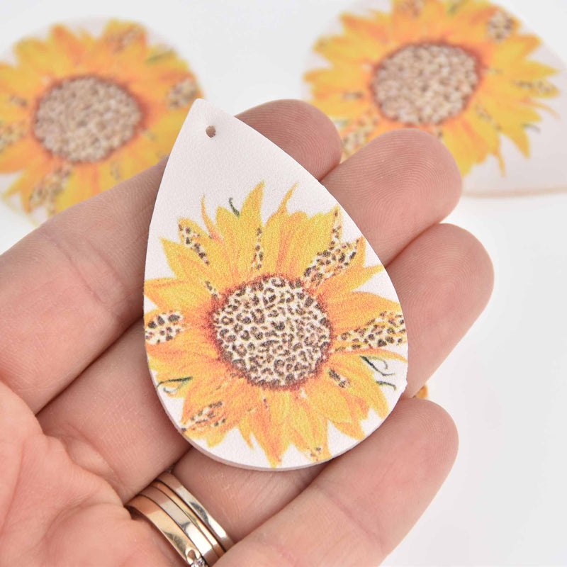 5 Faux Leather Teardrop Charms SUNFLOWER Vegan Pendant 2-1/4" long chs7591
