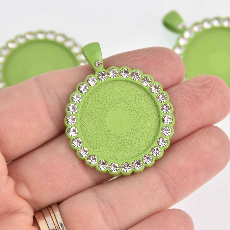 2 Crystal Bezel Charms, Lime Green, fits 25mm round cabochons, chs7593