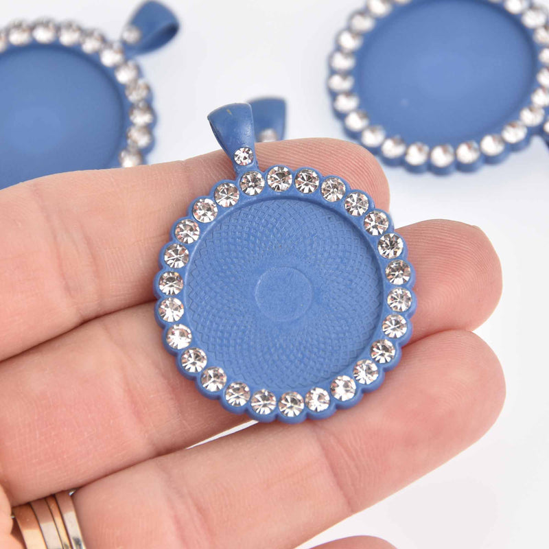 2 Crystal Bezel Charms, Blue, fits 25mm round cabochons, chs7594