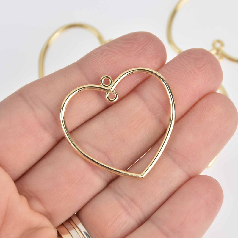 10 Gold Plated HEART Charms, 2-Hole Connector Links, Open Wire Heart Charms, 35mm, chs7601