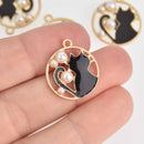 5 Enamel Cat Charms, Black and Gold with Faux Pearls chs7603