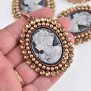 Cameo Pendant with topaz crystals and faux pearls, copper oval 2.5" long, chs7608