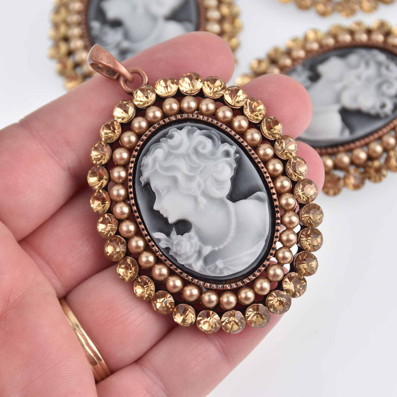 Cameo Pendant with topaz crystals and faux pearls, copper oval 2.5" long, chs7608