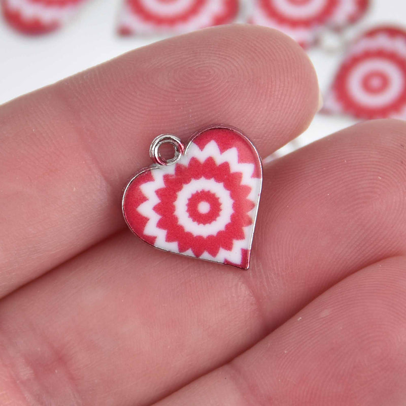 6 Red Heart Charms, Enamel over Silver, 17mm, chs7613