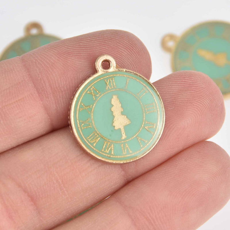 5 Alice Charms Gold Clock with Mint Green Enamel chs7619