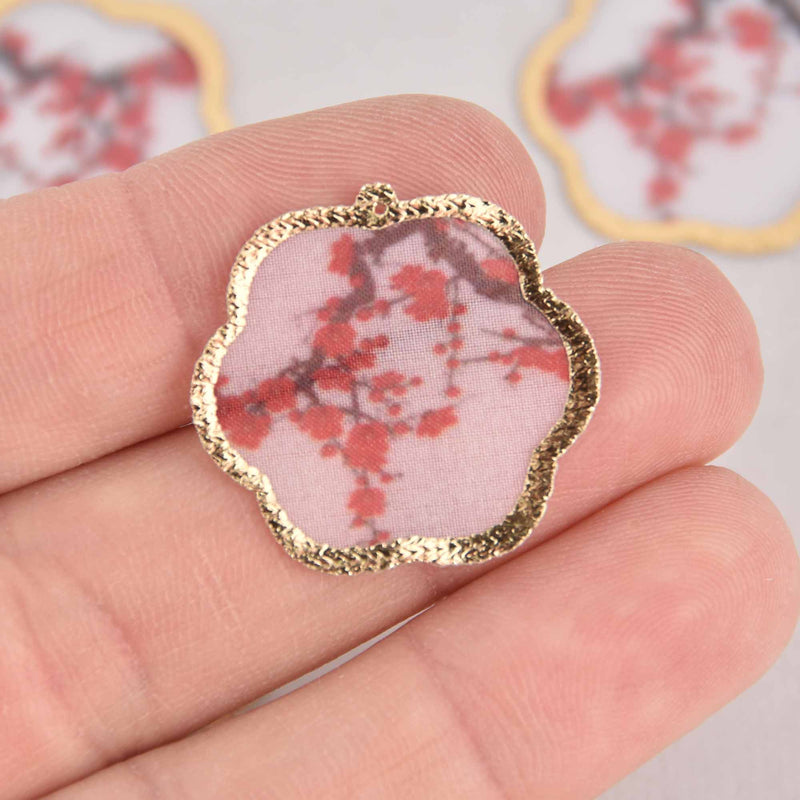 10 Plum Blossom Fabric Charms, Gold Trim, 27mm, chs7621