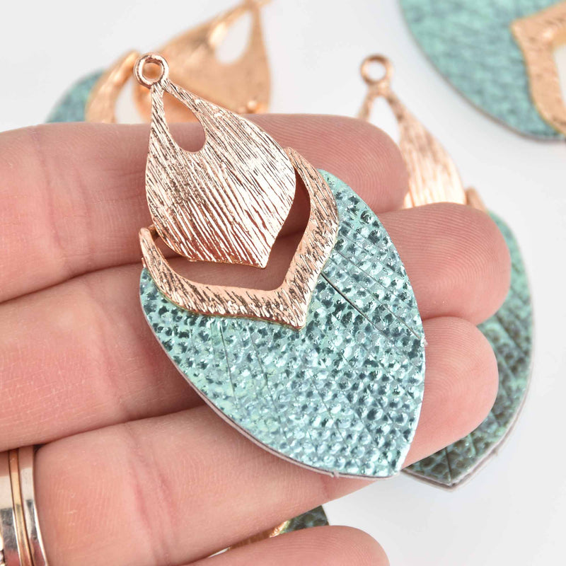 2 Green Iridescent Swivel Charms, Gold Plated, Faux Leather, 2.5", chs7625