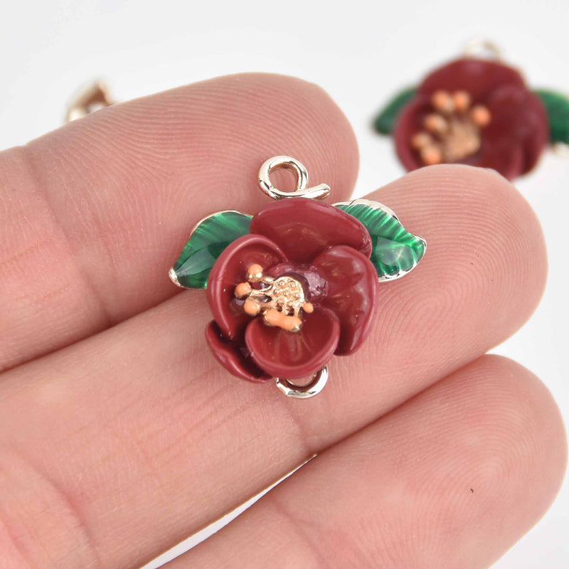 2 Red Rose Flower Charms, Gold Plated with Enamel, 22mm, chs7627