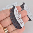 2 Metal Feather Charms Filigree Enamel, Black and White, 2-3/8", chs7630