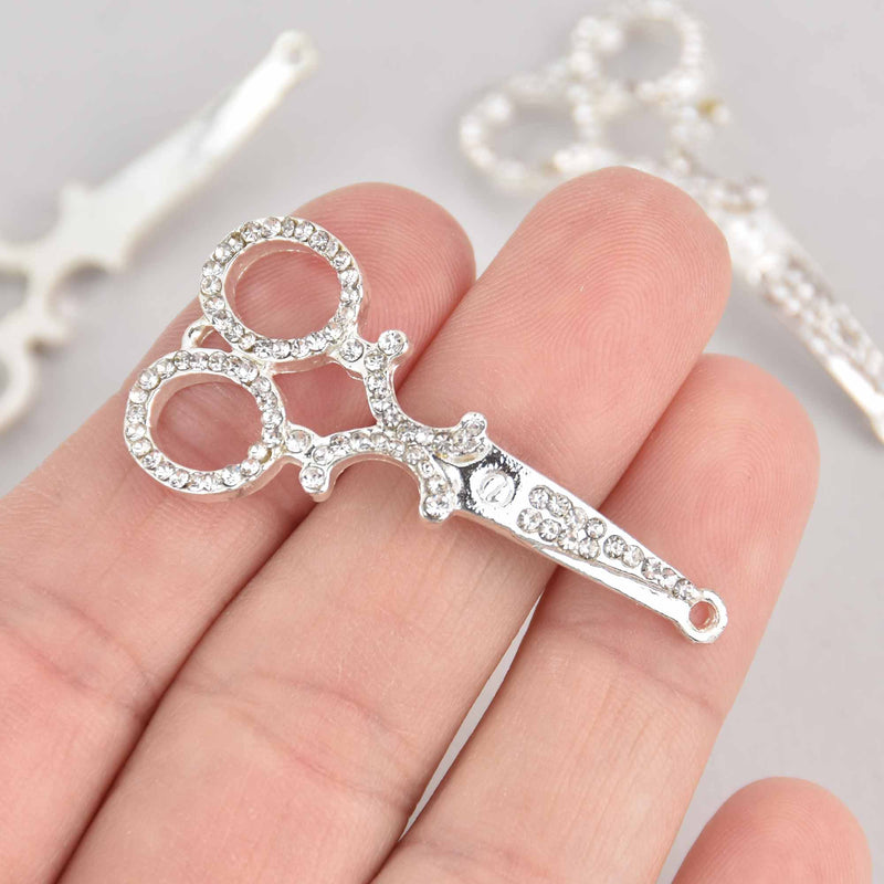 2 Crystal Silver SCISSORS Charms, Connector Links, 2" long, chs7641