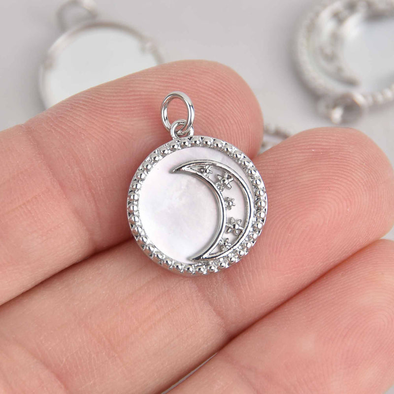 1 Silver Moon Charm, white shell, silver plating, 16mm, chs7644