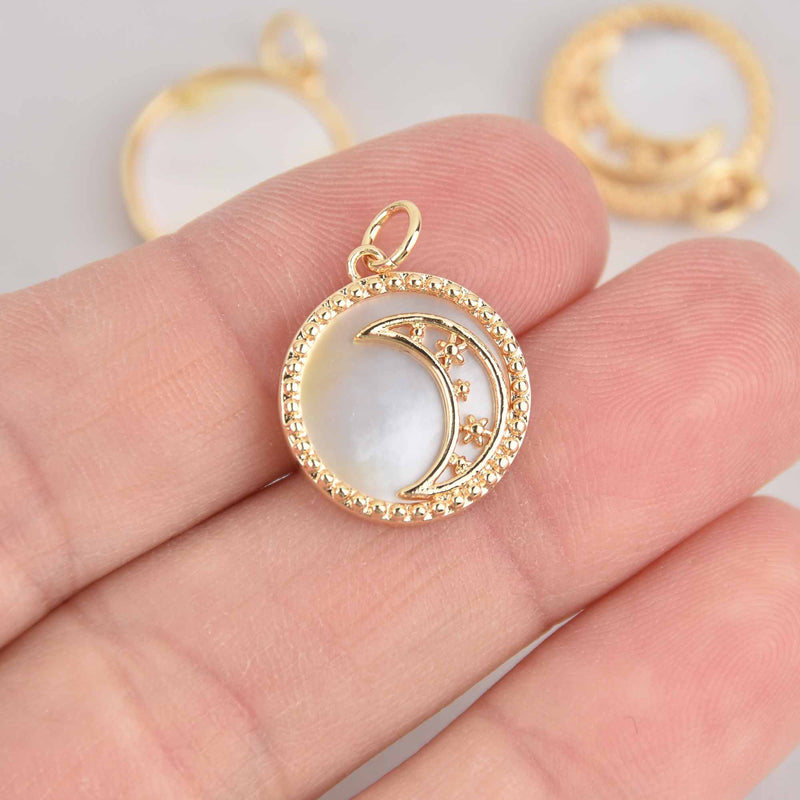 1 Gold Moon Charm, white shell, gold plating, 16mm, chs7645