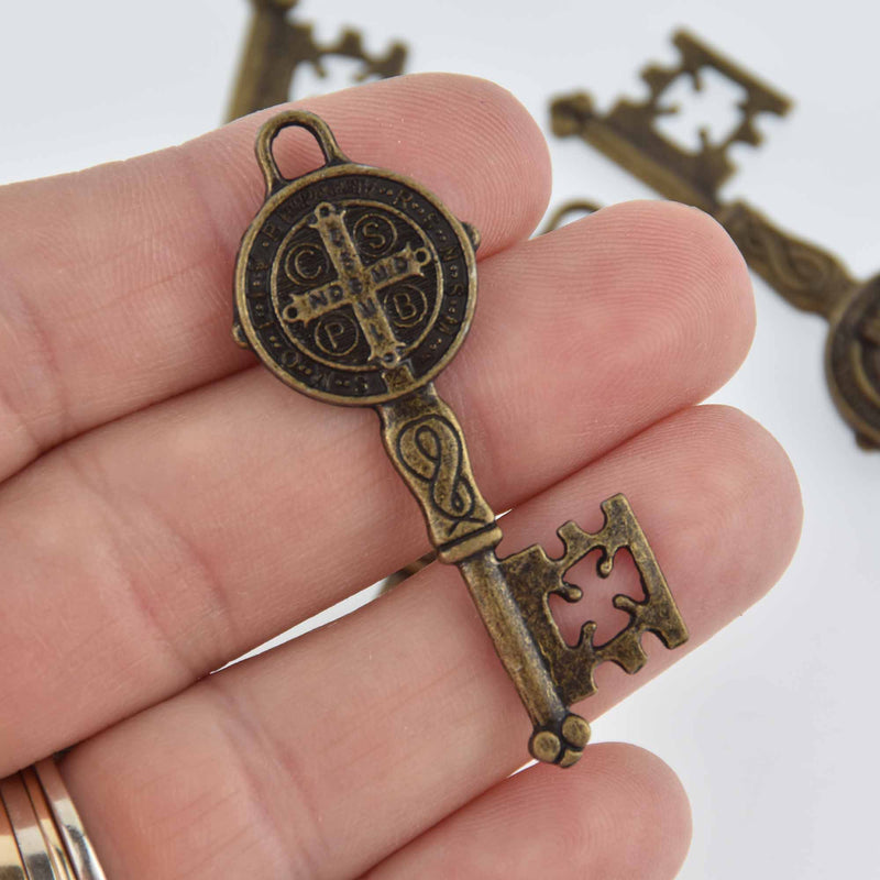 6 Bronze Key Charms Religious Medal Relic, Patron Saint charms, 52x19mm, chs7648