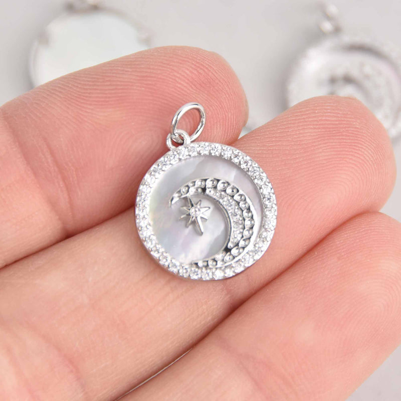 1 Silver Moon Charm, Micro Pave CZ crystals with white shell, silver plating, 16mm, chs7649