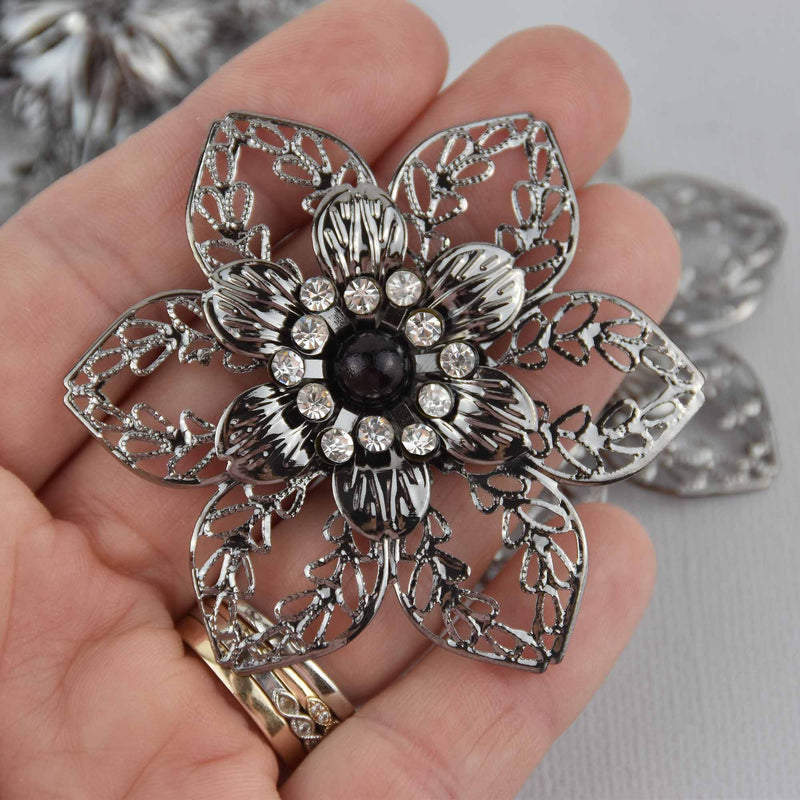 2 Silver Filigree Flower Charms, Crystals, 2.5", chs7663