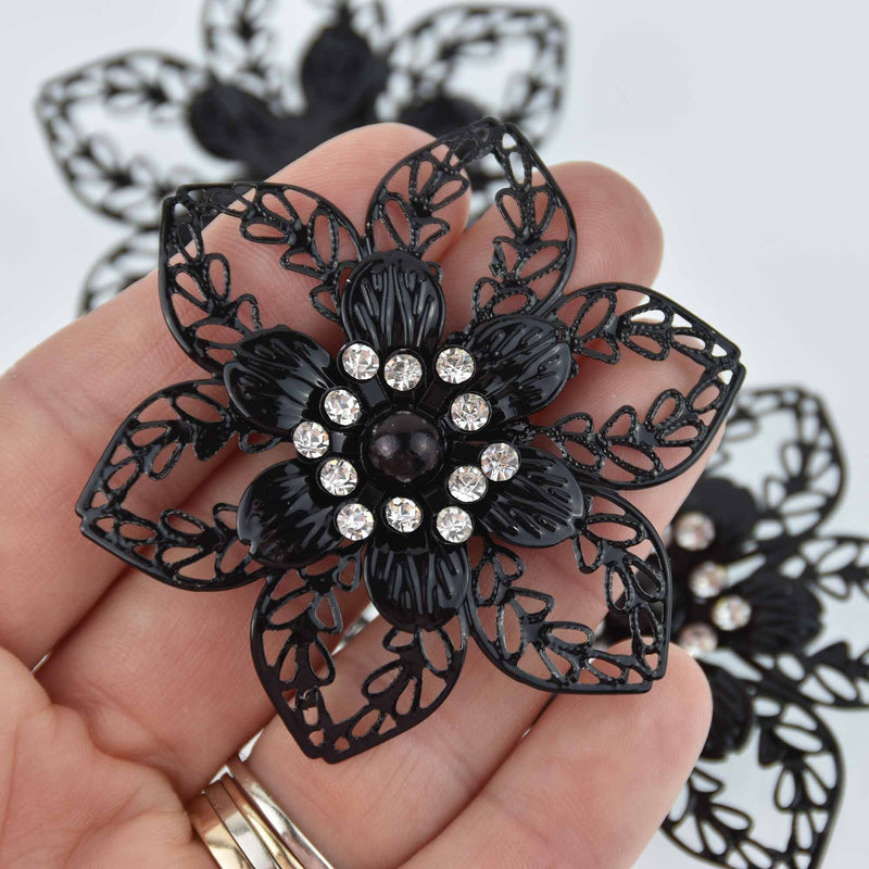 2 Black Filigree Flower Charms, Crystals, 2.5", chs7665