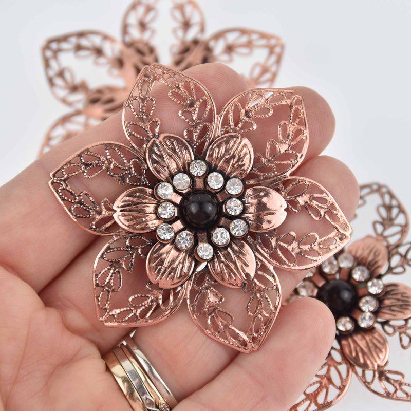 2 Copper Filigree Flower Charms, Crystals, 2.5", chs7666