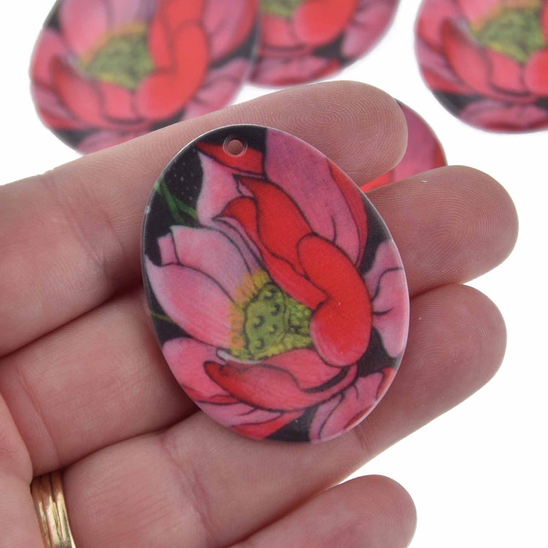 4 Red Lotus Flower Charms, 1.75" chs7681