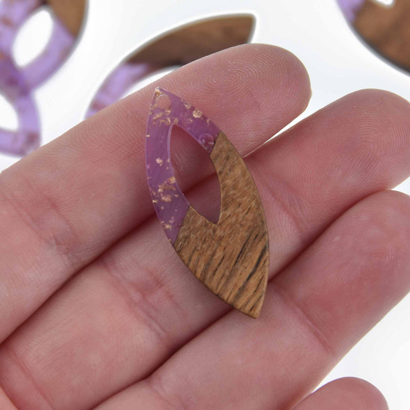 4 Purple Marquis Charms, Gold Flakes with Resin and Real Wood, 1.5", chs7682