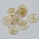 6 White Pressed Flower Charms, Gold Bezel, Resin, chs7684