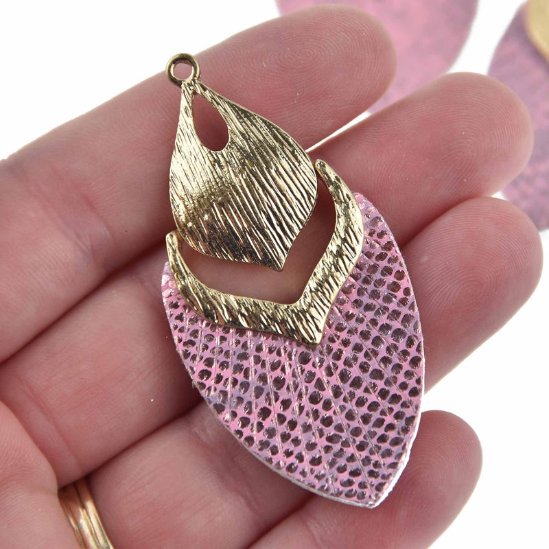 2 Pink Iridescent Swivel Charms, Gold Plated, Faux Leather, 2.5", chs7686