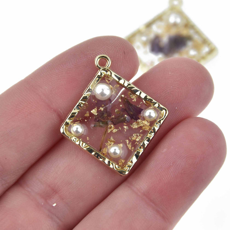 2 Pressed Flower Gold Charms, Purple Flowers, Square Resin with faux pearls, 30mm, chs7690