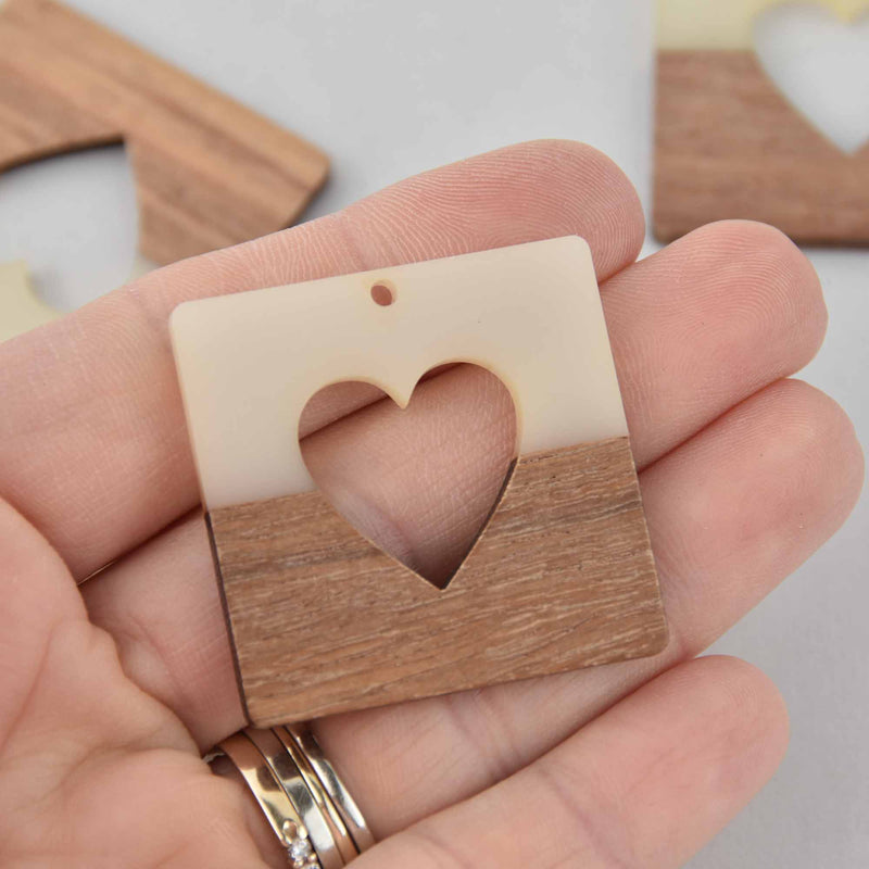 2 Square Heart Wooden Resin Charm, White Resin and Real Wood, 1.5"  chs7692